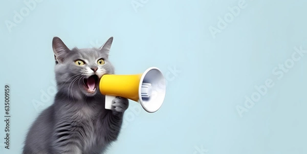 Obraz Cat announcing using hand speaker. Notifying, warning, announcement