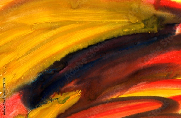 Fototapeta Hand-drawn autumn watercolor background. Bright multicolored modern autumn landscape. Yellow Orange Blue. Abstract painting for decoration and design
