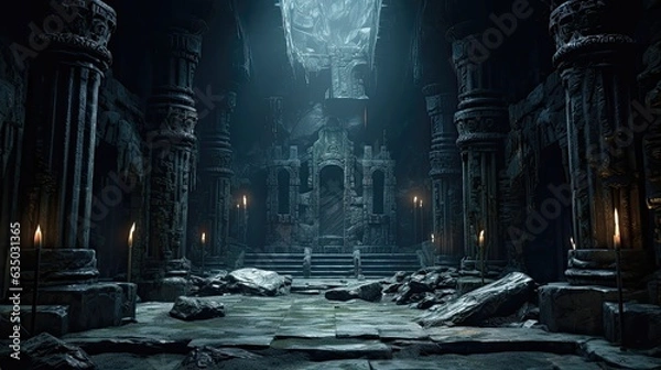 Fototapeta underground temple, dark cavern columns with ruins etched into them