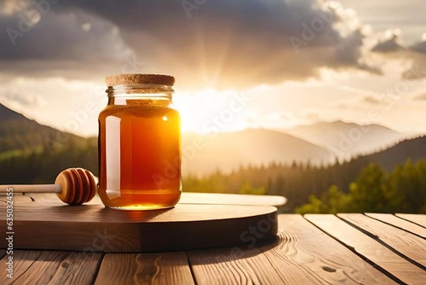 Fototapeta Honey in a closed glass jar and a bowl on a wooden background. Composition of honey jars, dipper and flowers. Healthy foods. organic honey. Organic products. Generative AI