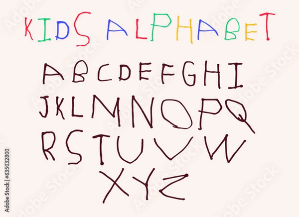Fototapeta Hand drawn by small kid letters English ABC. Cartoon primitive child alphabet