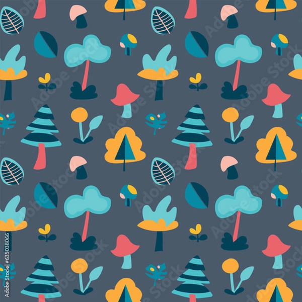 Fototapeta Vector forest trees and mushroom pattern on a gray-blue background