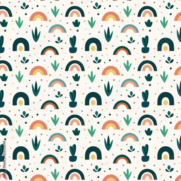 Fototapeta vector hand drawn rainbow, dots and floral pattern design