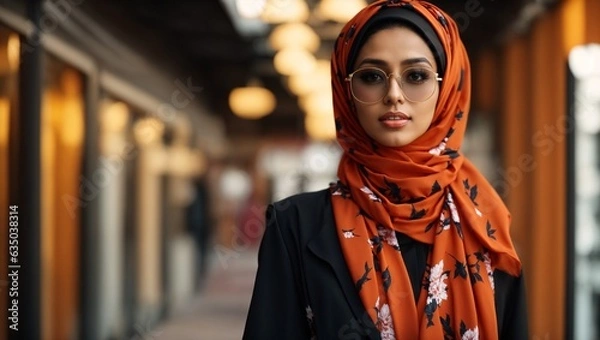 Fototapeta A stylish woman wearing a hijab and glasses on a busy sidewalk