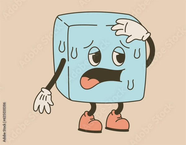 Fototapeta Funny groove character suffering from melting ice cube with face. Vector isolated old cartoon retro illustration.