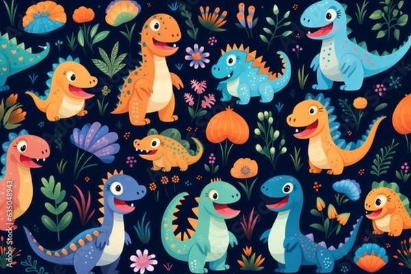 Fototapeta Seamless Pattern Of Playful Dinosaurs, Generative AI