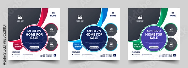 Fototapeta Real estate square social media post or dream home sale property promotion web banner template bundle. Editable modern house banner layout set