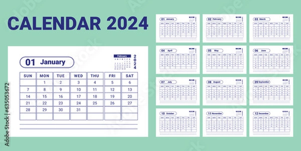 Obraz Blue minimal table Calendar 2024 design vector template