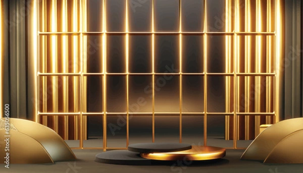 Fototapeta Gold empty podium floating in the air in dark scene with wall of line vertical gold neon lamps around vector illustration.
