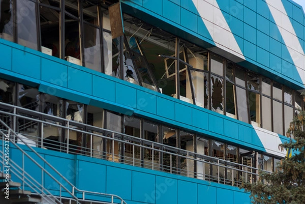 Fototapeta War in Ukraine 2023. Harbour building damaged by unmanned aerial vehicle. Civil infrastructure destroyed by military drone