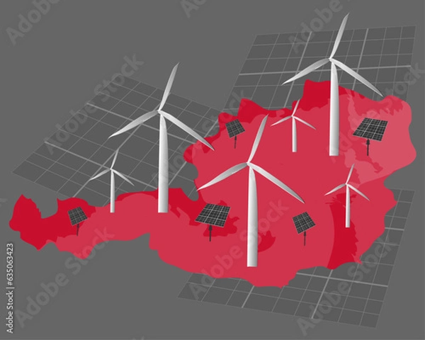 Fototapeta Environmentally Clean Energy in Austria (on the Map of Austria): Wind Turbines and Solar Batteries on a dark background. Vector Graphics of Eco-Friendly Energy in Austria