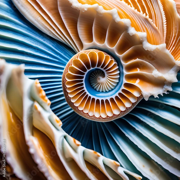 Fototapeta The Spiraled Texture of a Conch Shell Revealed Through Extreme Macro Perspective. Generative AI