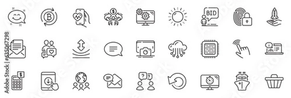 Obraz Icons pack as Cloud storage, Sun energy and Calculator line icons for app include Crowdfunding, Cardio training, Sharing economy outline thin icon web set. Global business, Scroll down. Vector