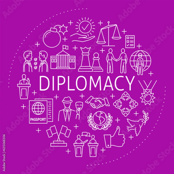 Fototapeta Diplomacy round poster in line style