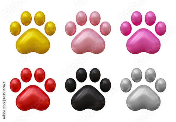 Fototapeta Set of dog or cat paw icons in 3d rendering isolated on transparent background for pet, animal concept.