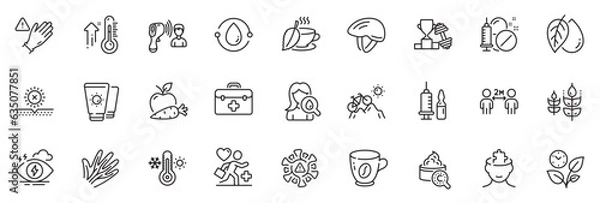 Obraz Icons pack as Stress, Coronavirus and Mental conundrum line icons for app include Medical drugs, Mountain bike, High thermometer outline thin icon web set. Use gloves, Sunscreen. Vector