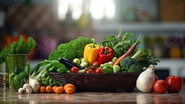 Fototapeta vegetables in a wicker basket on the countertop in a modern kitchen , advertising banner