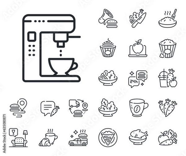 Fototapeta Vending machine sign. Crepe, sweet popcorn and salad outline icons. Coffee maker line icon. Make tea symbol. Coffee maker line sign. Pasta spaghetti, fresh juice icon. Supply chain. Vector