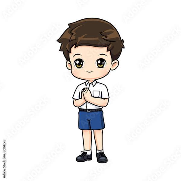 Obraz Cute boy in thai student uniform mascot cartoon character in greeting posture