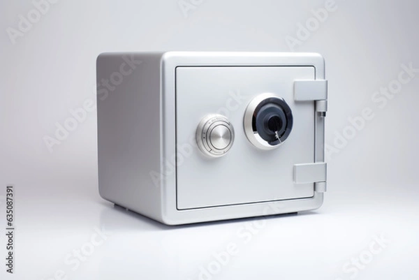 Fototapeta Guardian of Assets: A locked steel safe treasure box represents the isolated strength of financial security. Safety and protection in banking depicted