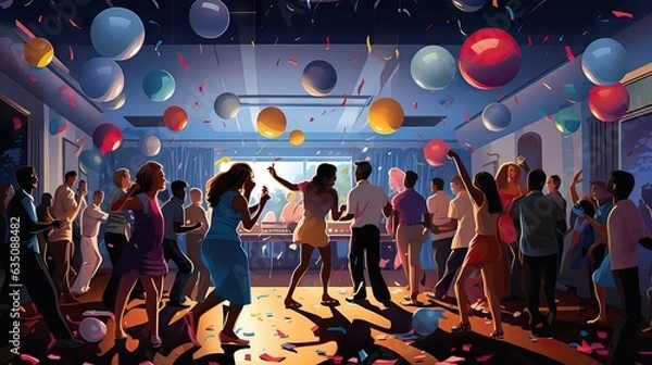 Fototapeta A lively group of students enjoying a house party at night, with music, laughter, and dancing filling the air. Generative AI