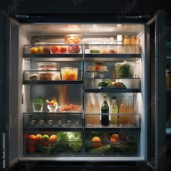 Fototapeta A family refrigerator fully stocked with a variety of fresh vegetables, drinks, dairy products, meat, and other essentials, ready for healthy and delicious meals. Generative AI