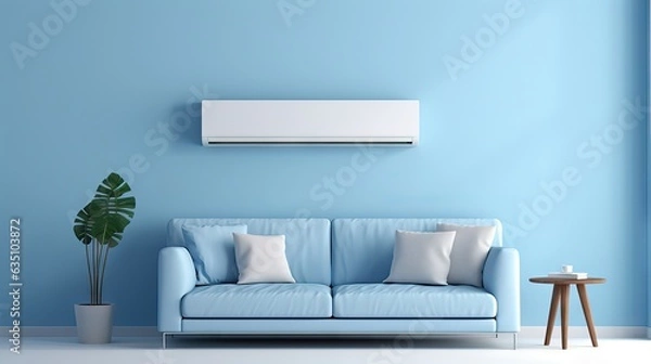 Fototapeta A comfortable living room, kept cool and inviting by a wall-mounted air conditioner, where a family can enjoy summer without suffering from the heat. Generative AI