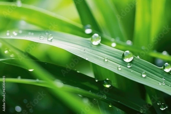Fototapeta Dew drops on green leaf. meadow grass in drops rain