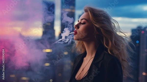Fototapeta A confident and successful businesswoman taking a moment to relax, exhaling a cloud of vapor from her vaporizer while standing in a city corner at sunset. Generative AI