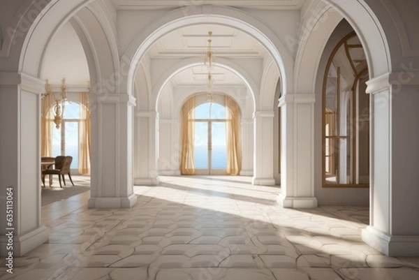 Fototapeta The room with its arched walls and ornate architecture invites you in with its grandeur, a cozy chair and table nestled in the center, a majestic window illuminating the whole space with its serene g