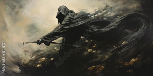 Fototapeta Death in black cloak. Death in black clothes with black hood. Grim reaper in the fog. Mysterious silhouette of man in black cloak with scythe. Halloween concept. Scary ghost. Death costume. Vector art