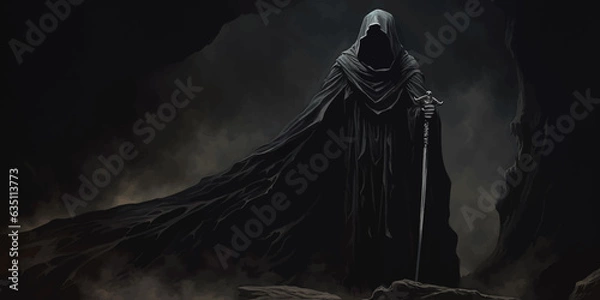 Fototapeta Death in black cloak. Death in black clothes with black hood. Grim reaper in the fog. Mysterious silhouette of man in black cloak with scythe. Halloween concept. Scary ghost. Death costume. Vector art