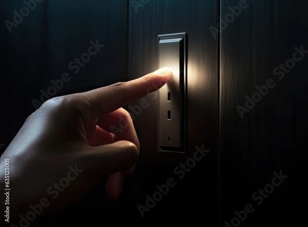 Fototapeta Zamknięcie palca żeńskiego jest wyłączane na przełączniku oświetleniowym w domu. Moc, energia, oszczędzanie przestrzeni elektrycznej, kopiowania. Stworzone z generatywną technologią AI.