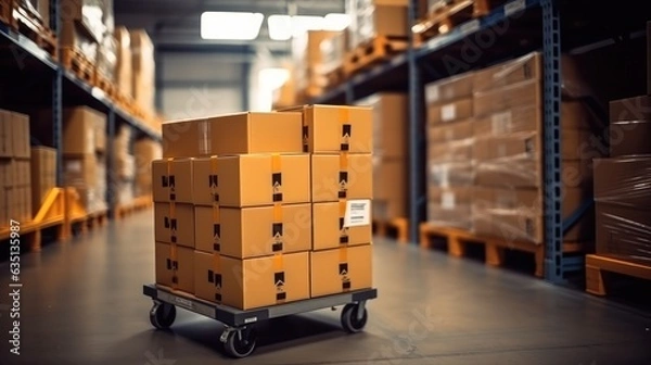 Fototapeta Cardboard boxes on hand pallet truck at warehouse, Inventory.