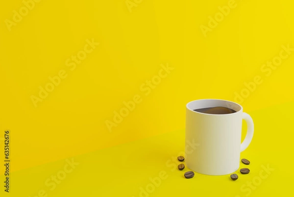 Obraz white mug on yellow background with coffee beans.3drender