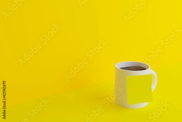 Obraz white coffee mug on yellow background, with yellow paper on it.3drender.