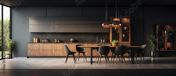 Fototapeta large kitchen room with modern interior design with wood table and chairs for home against the background a dark classic wall, Generative AI