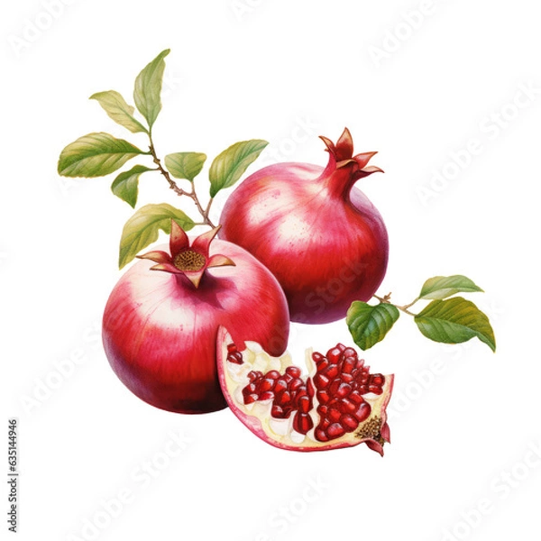 Fototapeta Botanical illustration of pomegranate with branch leaves in retro style, PNG. Generative AI