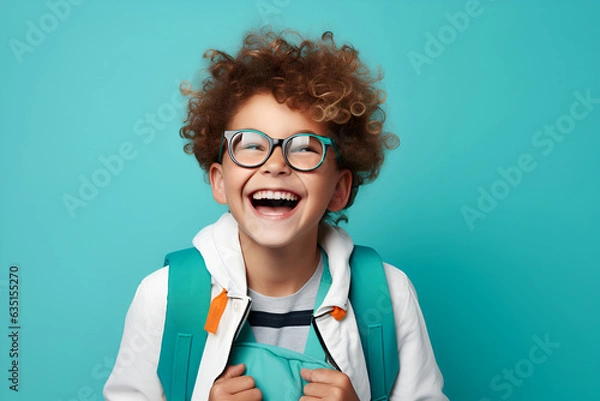 Fototapeta Happy school boy in glasses with backpack on plain color background. Elementary school. Education. Generative AI
