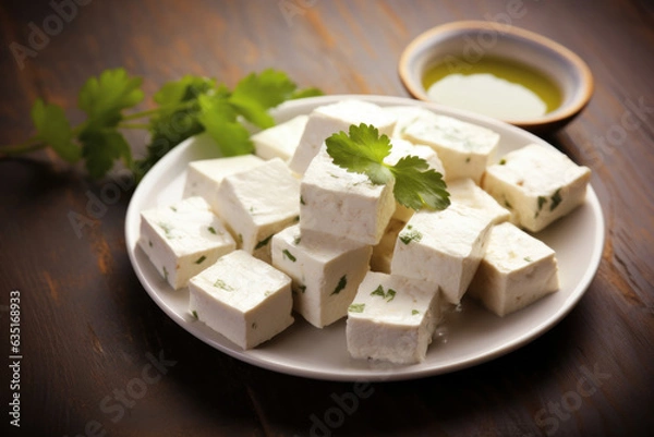 Fototapeta Paneer cheese cubes on a plate with green sauce and cilantro on the table