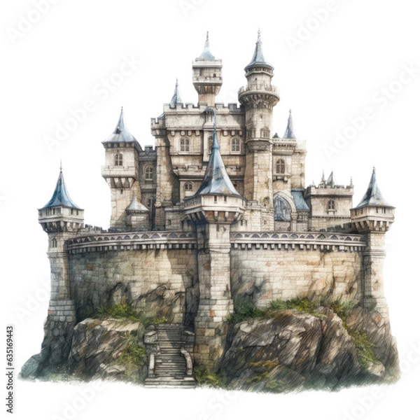 Obraz a castle with round turrets in a Medieval-themed, photorealistic illustration in a PNG, cutout, and isolated. generative ai
