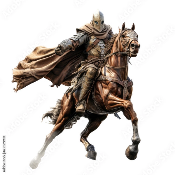 Fototapeta a Knight in armor on a sorrel rust-colored horse in motion in a Medieval-themed, photorealistic illustration in a PNG, cutout, and isolated. generative ai