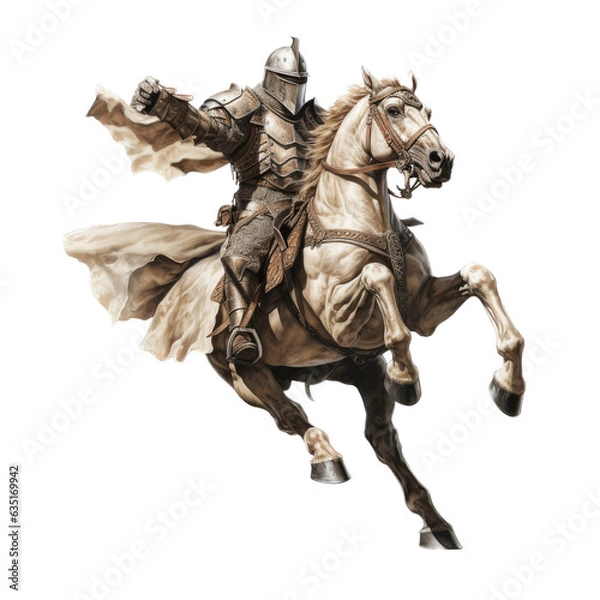Obraz a Knight on a horse with sword 3/4 view in an isolated and transparent PNG in a Medieval-themed, photorealistic illustration. Generative ai