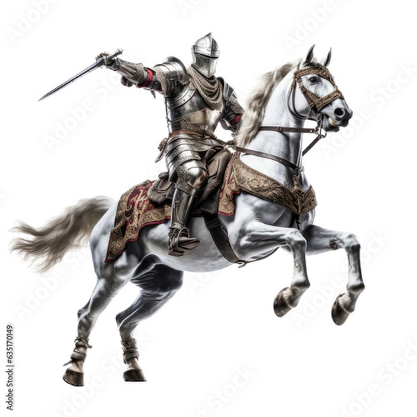 Obraz a Knight in armor on a white horse with a sword in motion in a Medieval-themed, photorealistic illustration in a PNG, cutout, and isolated. generative ai