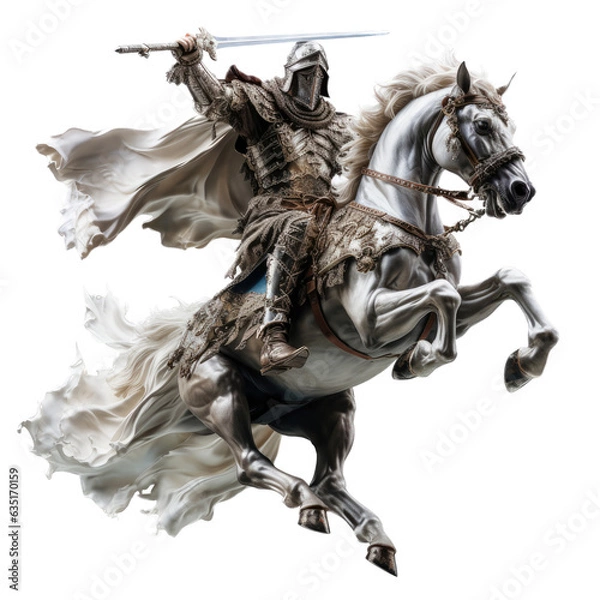 Obraz a Knight in armor on a white horse with a sword in motion in a Medieval-themed, photorealistic illustration in a PNG, cutout, and isolated. generative ai