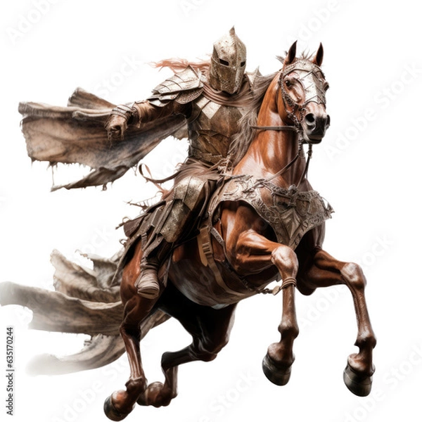 Fototapeta a Knight in armor on a sorrel rust-colored horse in motion in a Medieval-themed, photorealistic illustration in a PNG, cutout, and isolated. generative ai