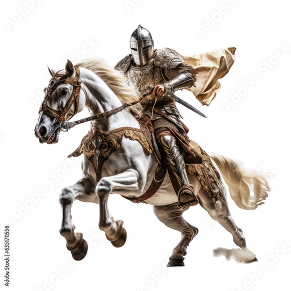 Fototapeta a Knight on a horse with sword 3/4 view in an isolated and transparent PNG in a Medieval-themed, photorealistic illustration. Generative ai