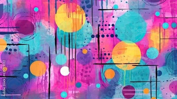 Fototapeta an Abstract horizontal format of a festive-colored background of magenta, turquoise, yellow, orange, and lines and spatters of black in a Festive Abstract-themed JPG format. generative ai