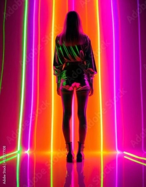 Fototapeta Background of neon fluorescent lights and standing girl. Digital data flow path. Cyber communication. Information transfer speed.