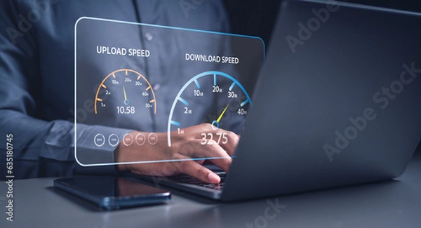 Fototapeta technology, working, business, performance, speed, test, broadband, management, internet, quality. typing keyboard to inspect speed test internet broadband technology. then check quality, performance.